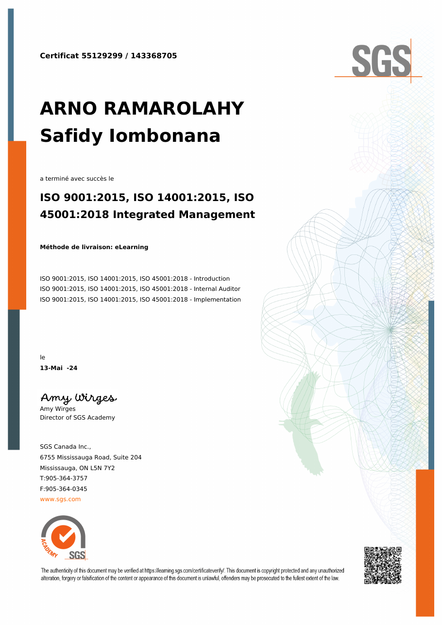Aperçu du certificat ISO 9001, ISO 14001 et ISO 45001 – Integrated Management