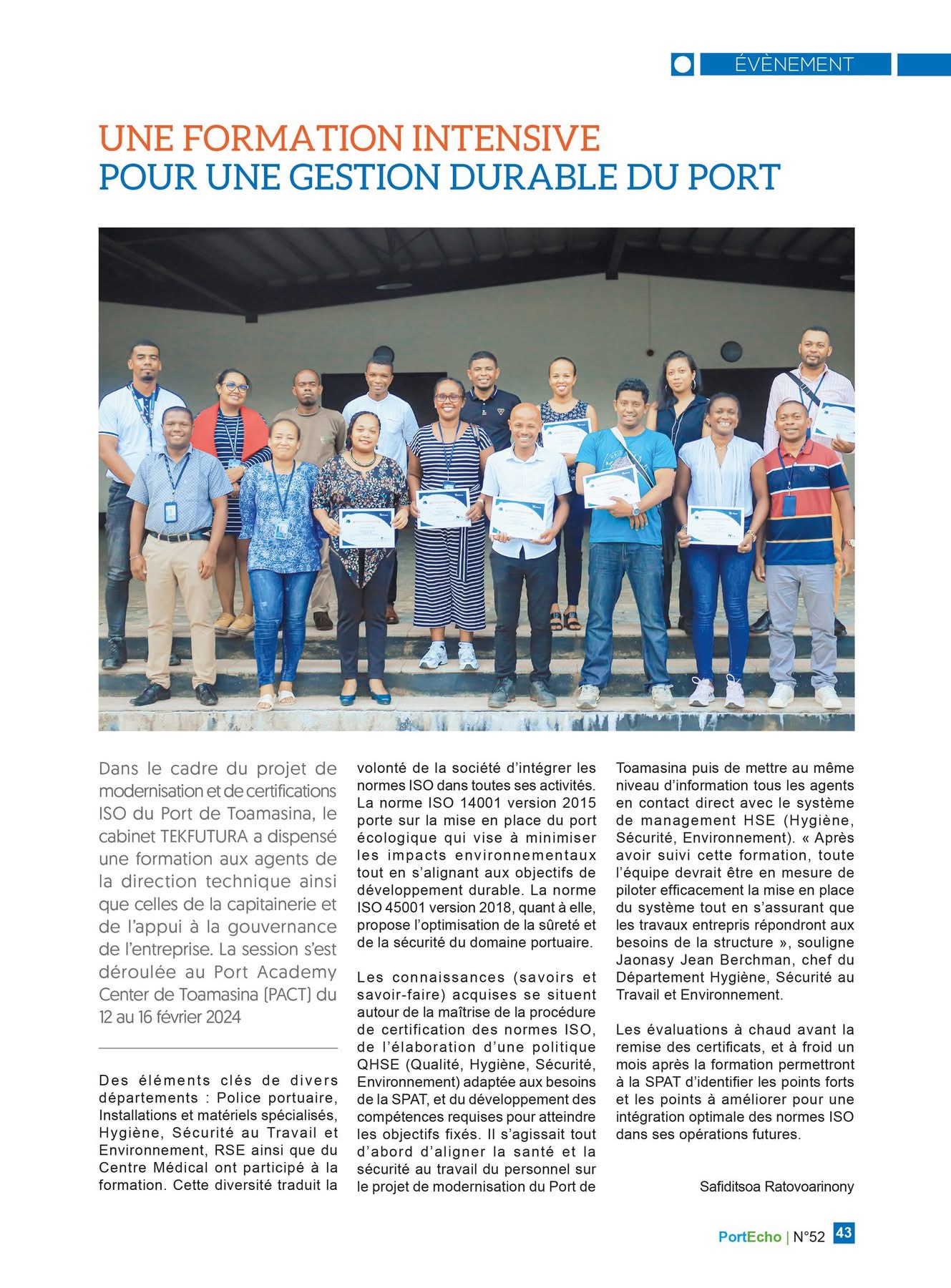 Participants à la formation ISO de la SPAT au Port Academy Center de Toamasina
